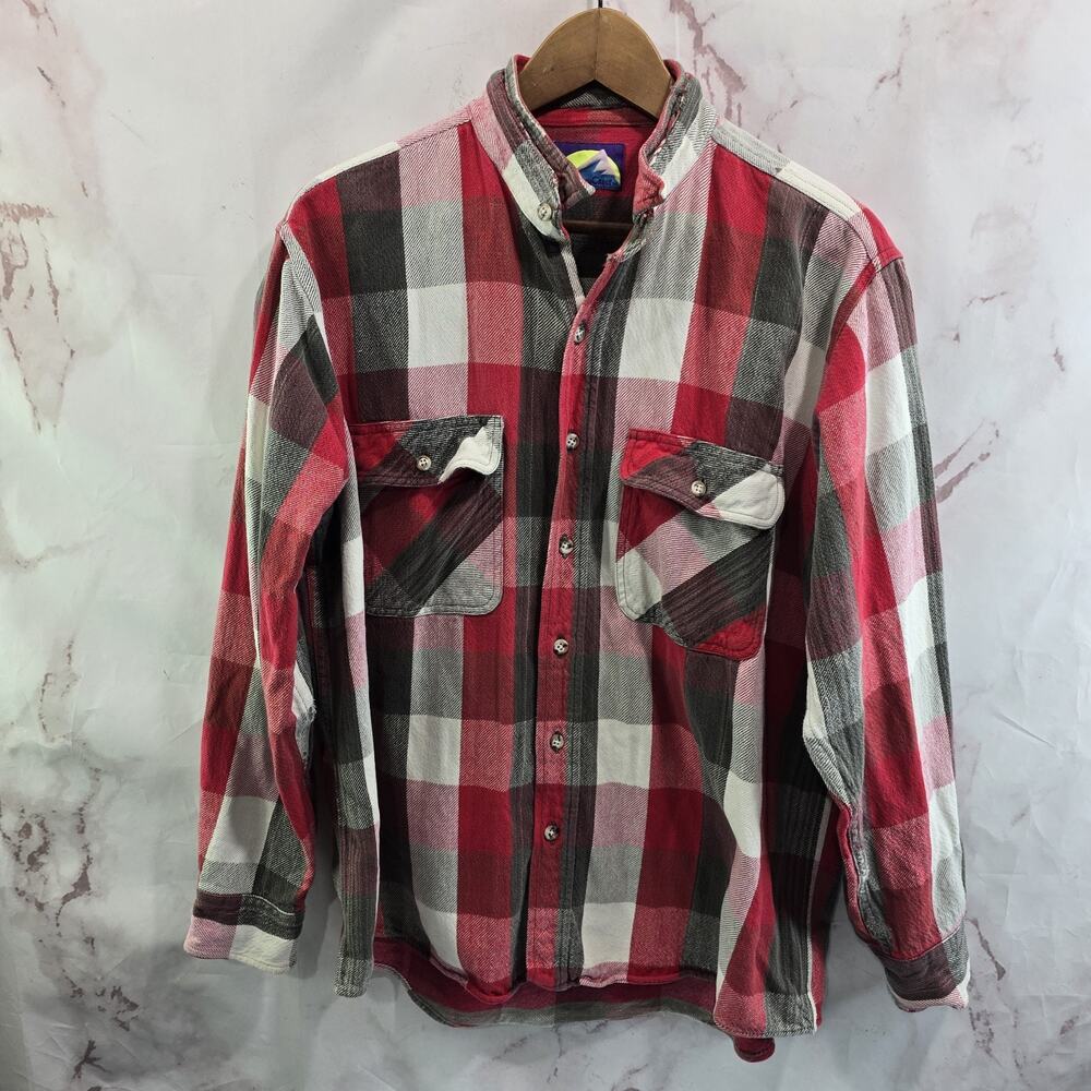 Vintage Flannel Shirt Mens Large Red Gray Plaid Button Up 90s Y2K North Mandarin